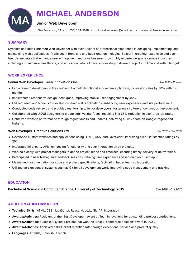Web Developer resume example — ATS-friendly template