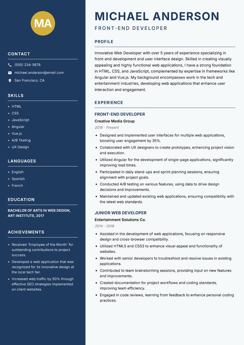 Web Developer resume template — Classic Clean