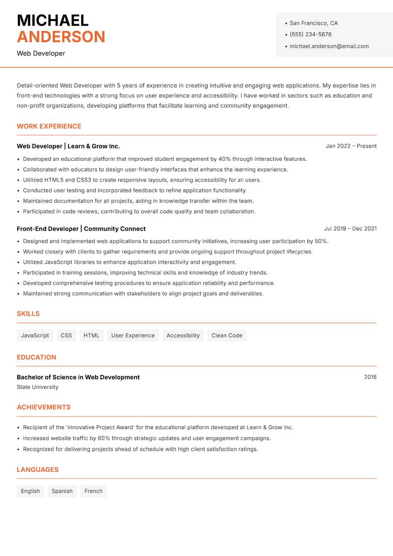 Web Developer resume template — Modern Professional