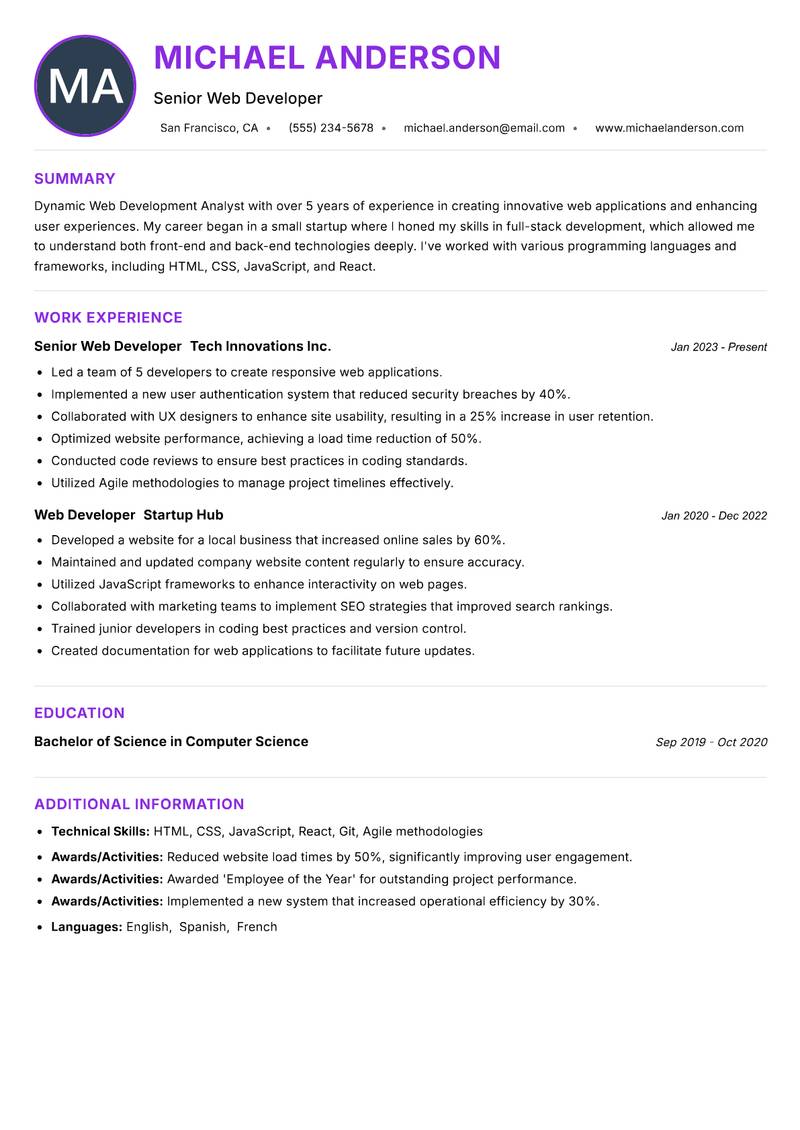 Web Development Analyst resume example — ATS-friendly template