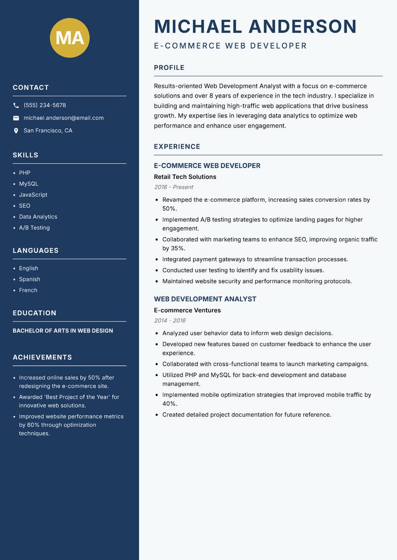 Web Development Analyst resume template — Classic Clean