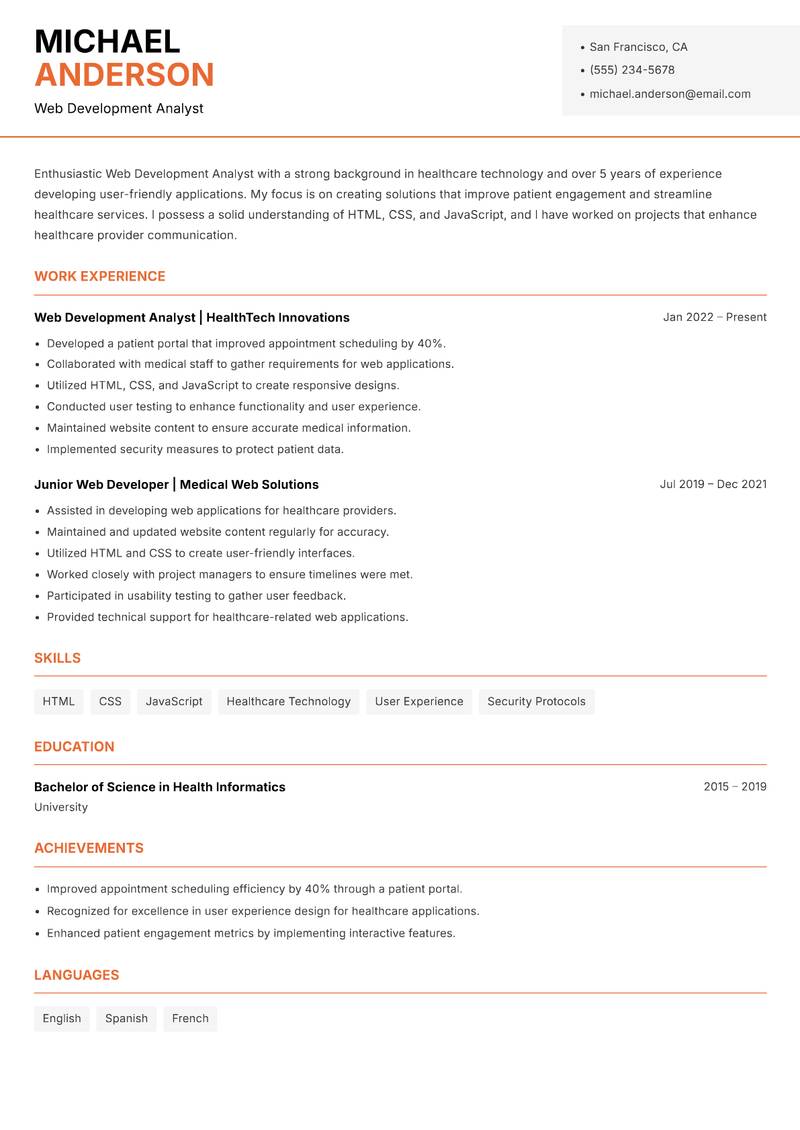 Web Development Analyst resume template — Modern Professional