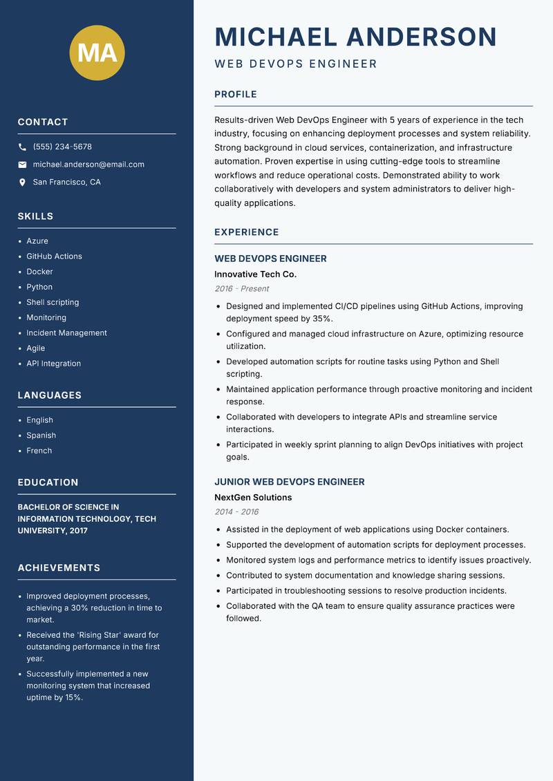 Web DevOps Engineer resume template — Classic Clean