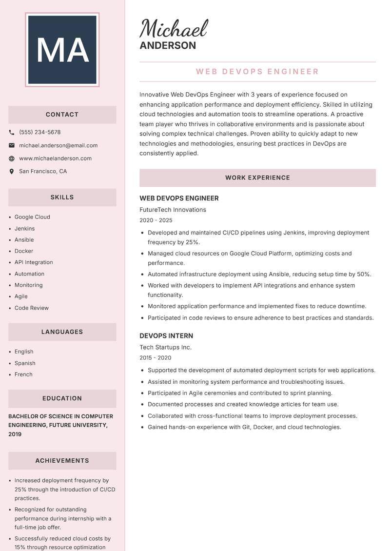 Web DevOps Engineer resume template — Executive