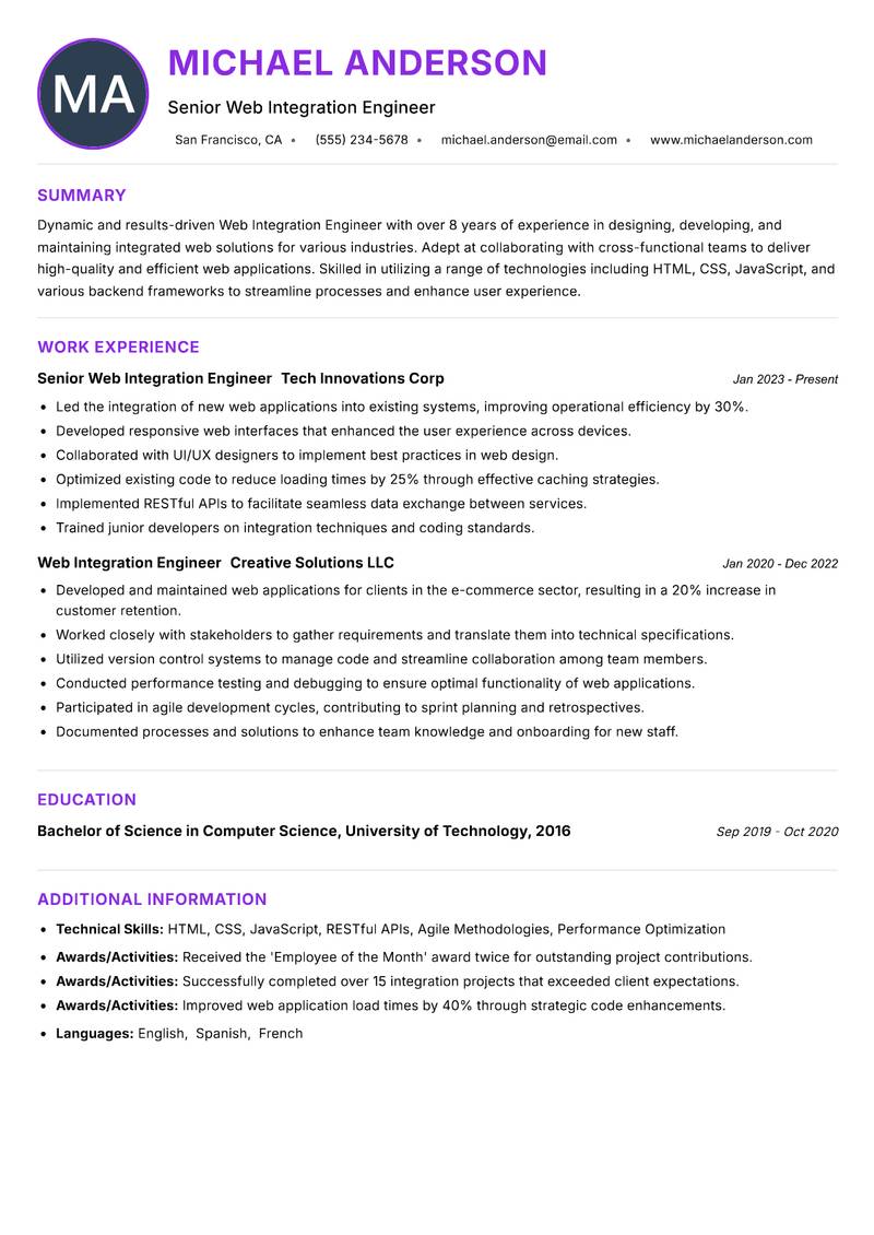 Web Integration Engineer resume example — ATS-friendly template