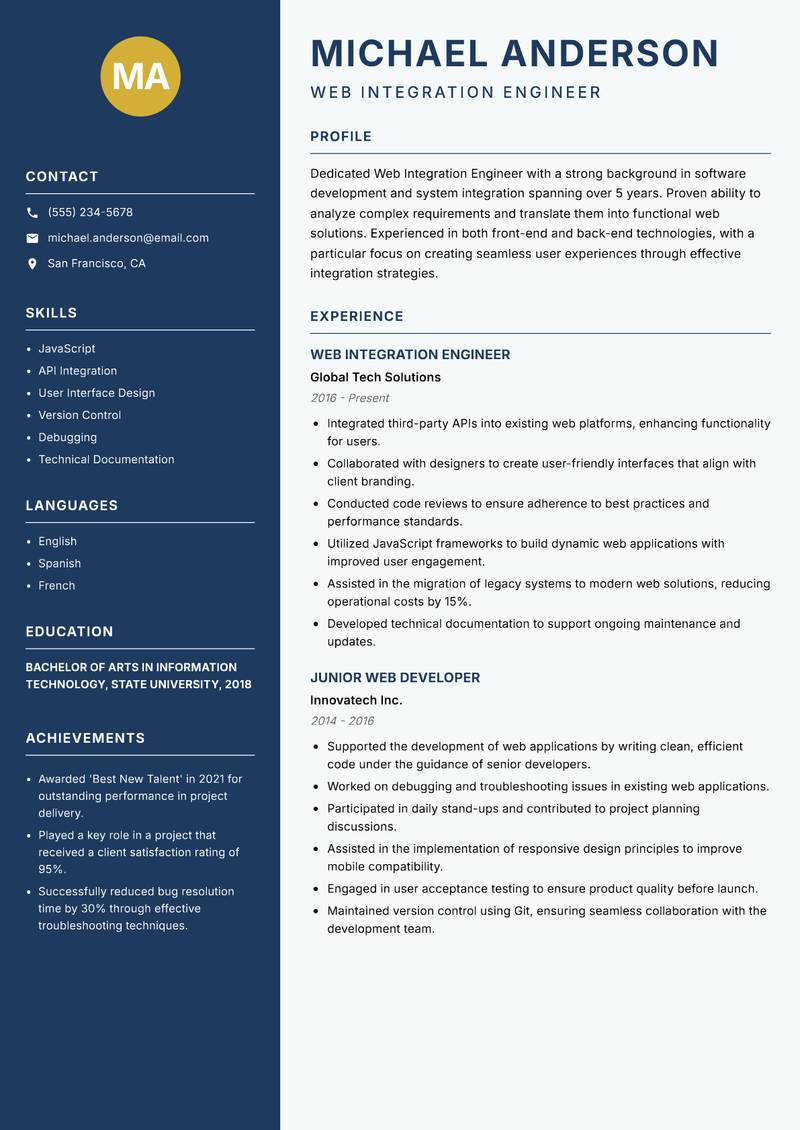 Web Integration Engineer resume template — Classic Clean