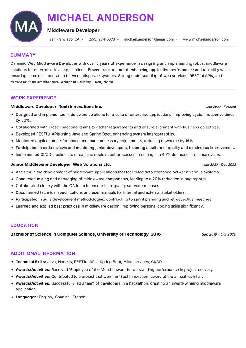 Web Middleware Developer resume example — ATS-friendly template