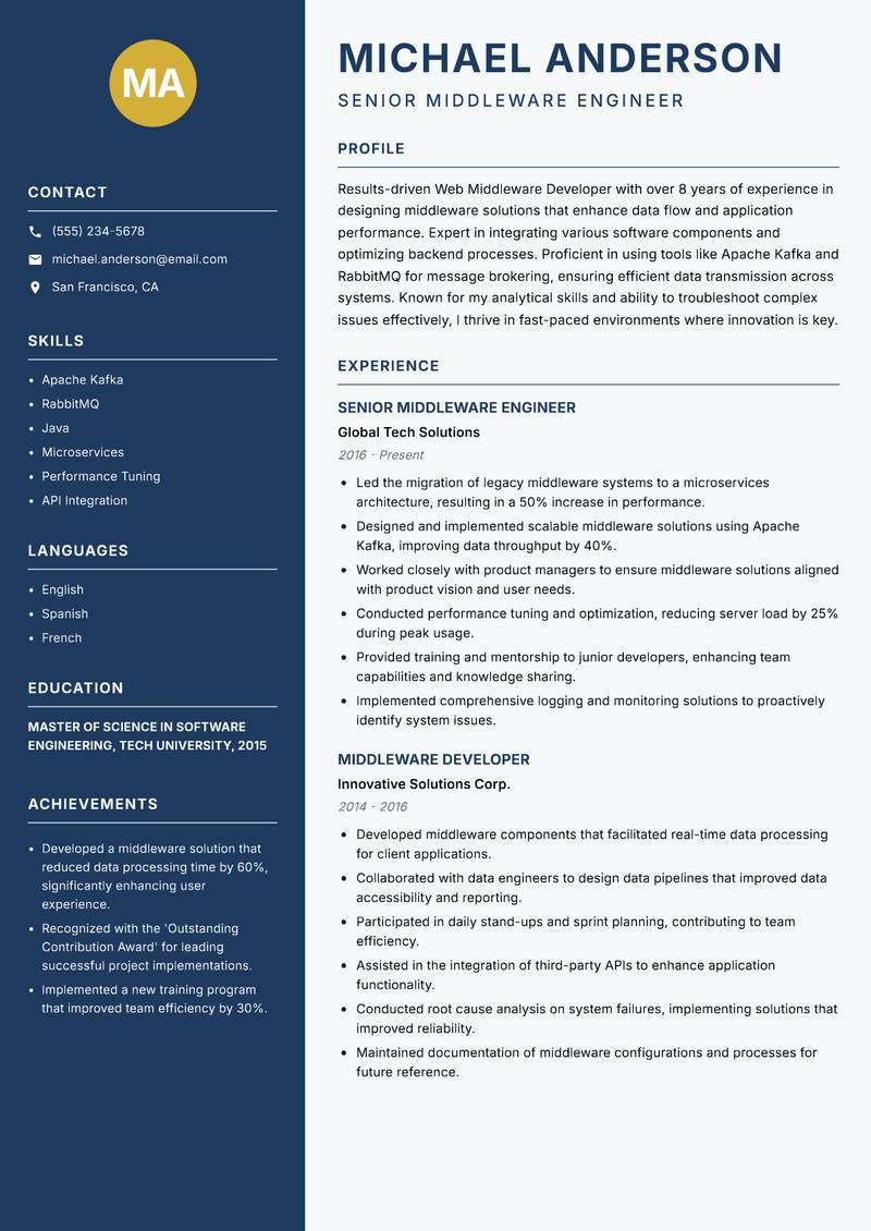 Web Middleware Developer resume template — Classic Clean