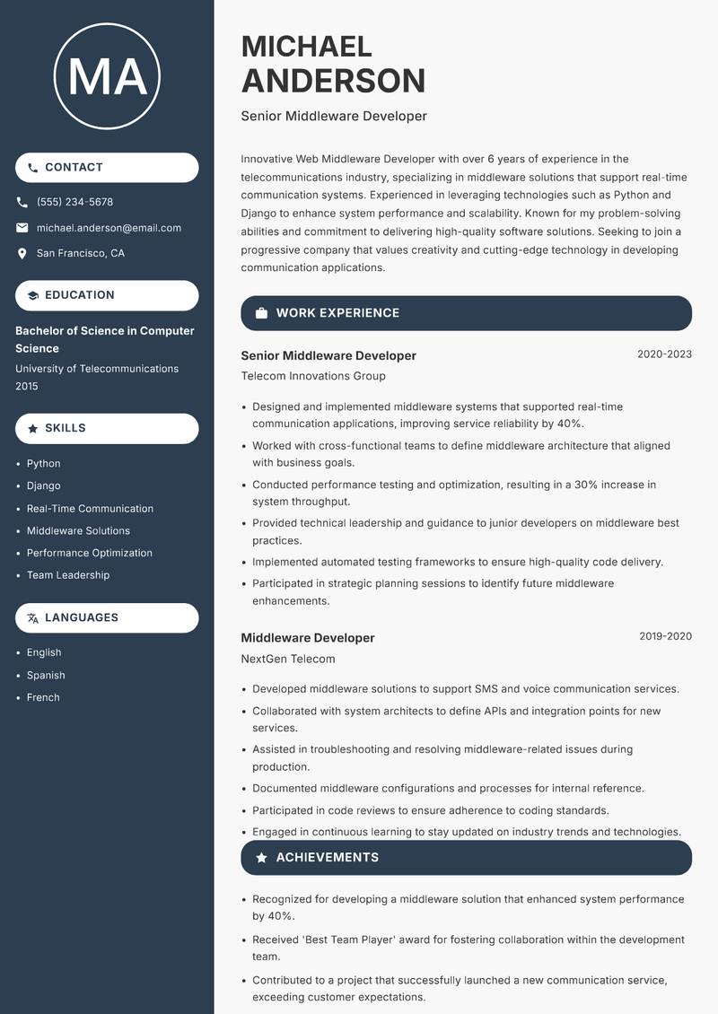 Web Middleware Developer resume template — Compact