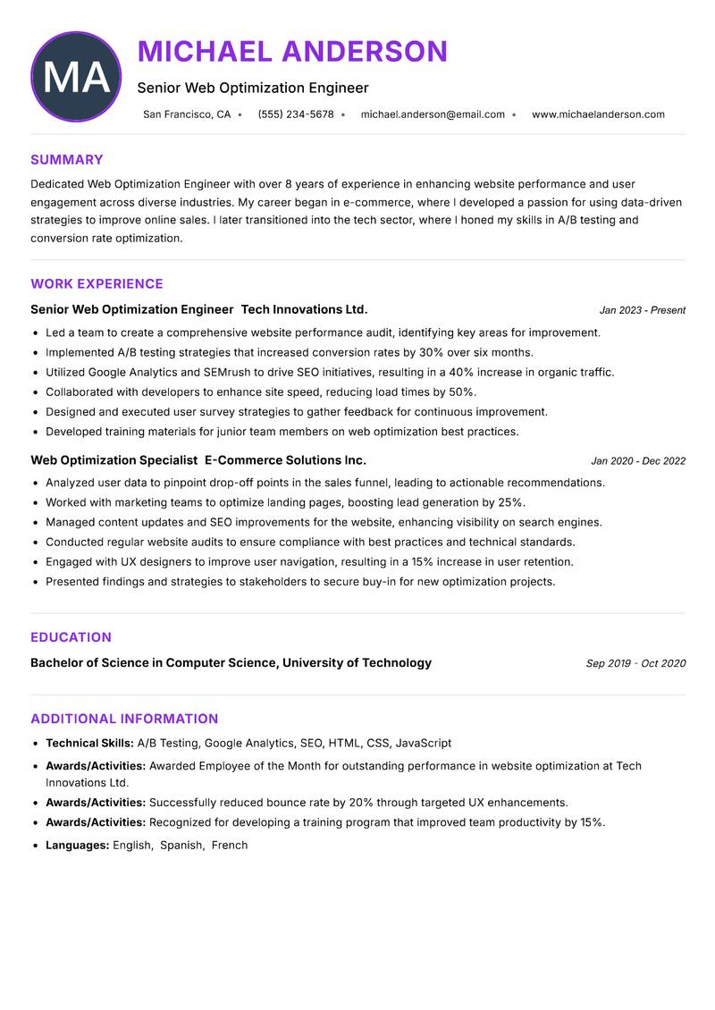 Web Optimization Engineer resume example — ATS-friendly template