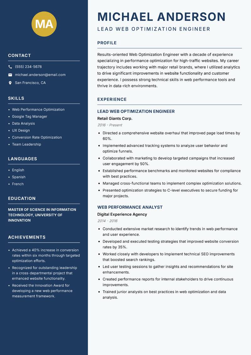 Web Optimization Engineer resume template — Classic Clean
