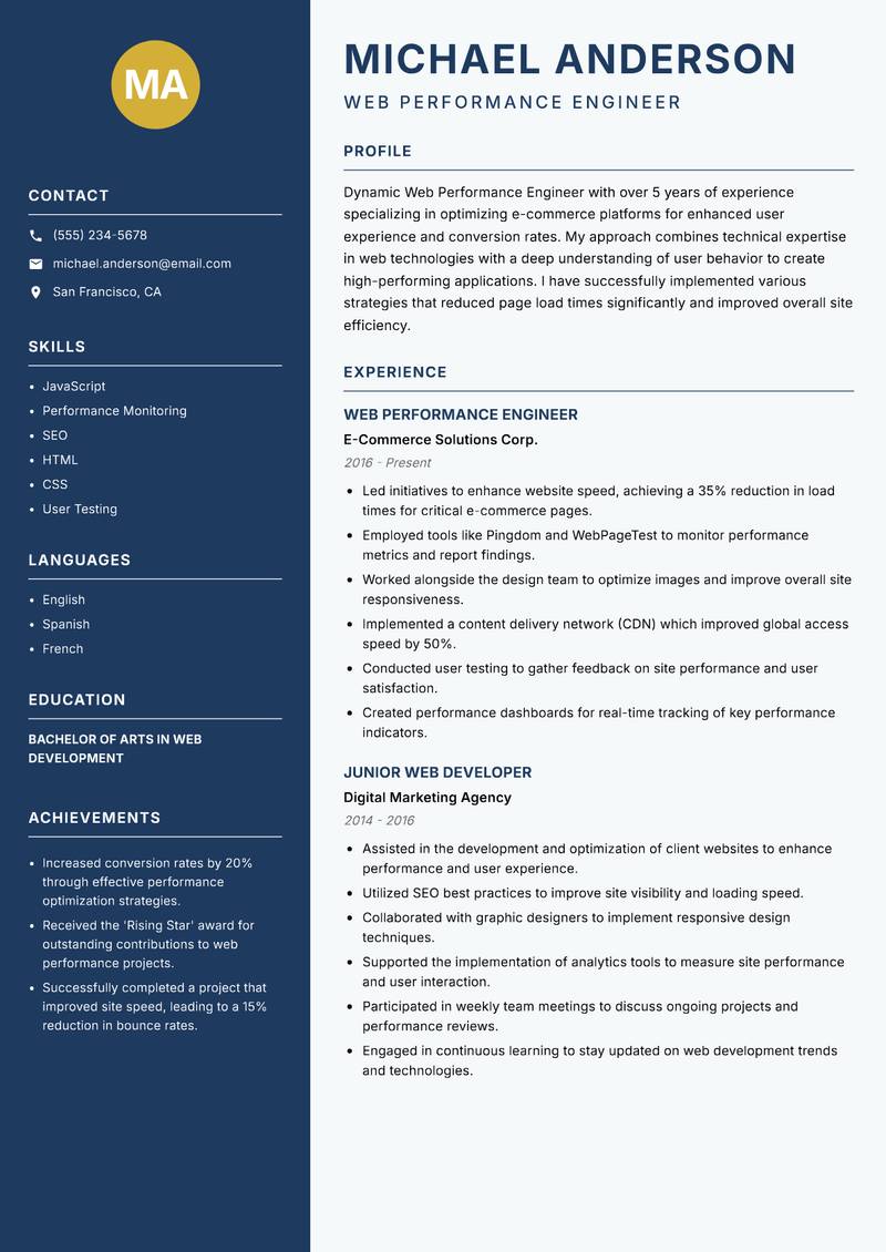 Web Performance Engineer resume template — Classic Clean