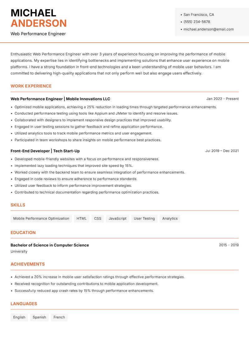Web Performance Engineer resume template — Modern Professional