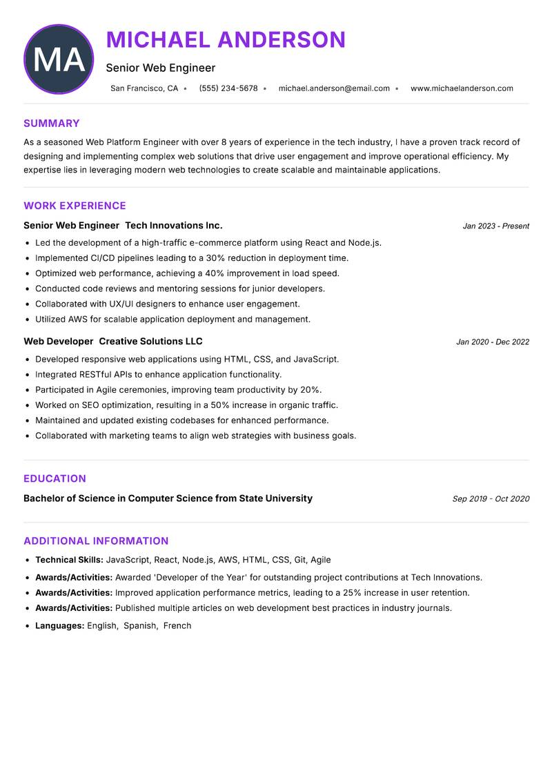 Web Platform Engineer resume example — ATS-friendly template