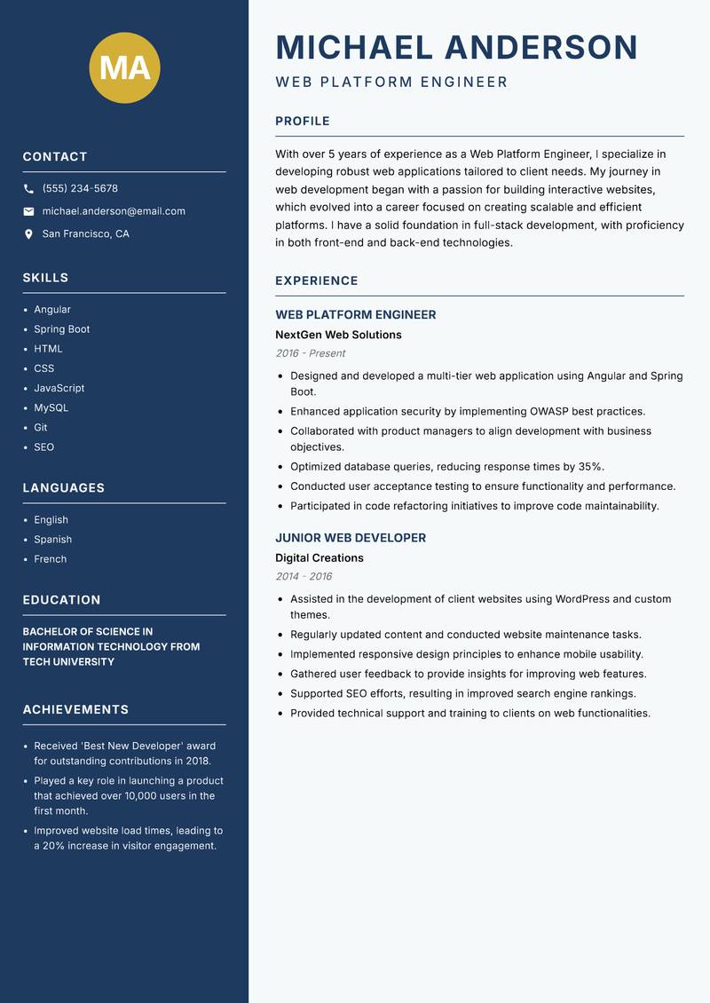 Web Platform Engineer resume template — Classic Clean