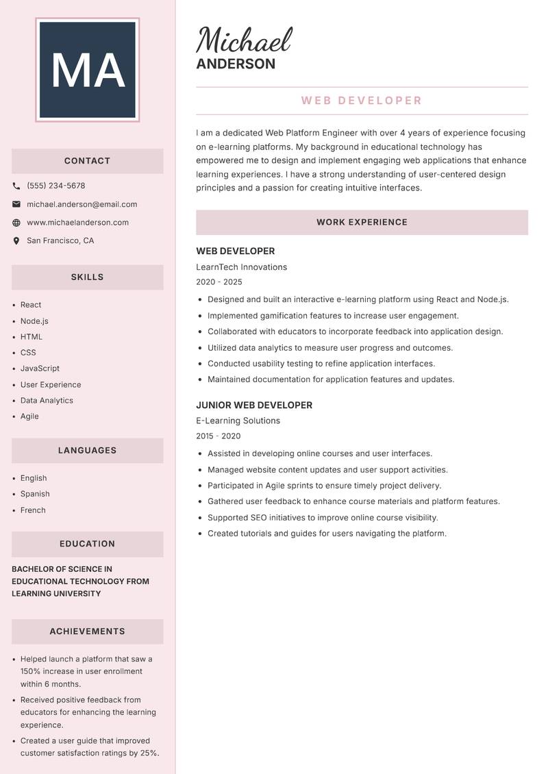 Web Platform Engineer resume template — Executive