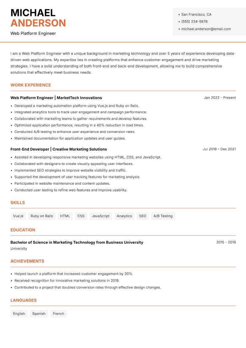 Web Platform Engineer resume template — Modern Professional