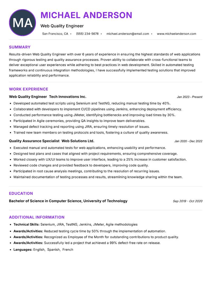 Web Quality Engineer resume example — ATS-friendly template