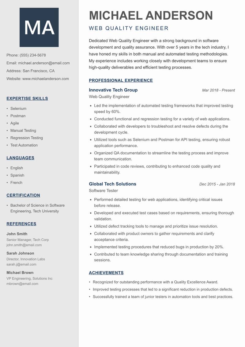 Web Quality Engineer resume template — Creative Minimal