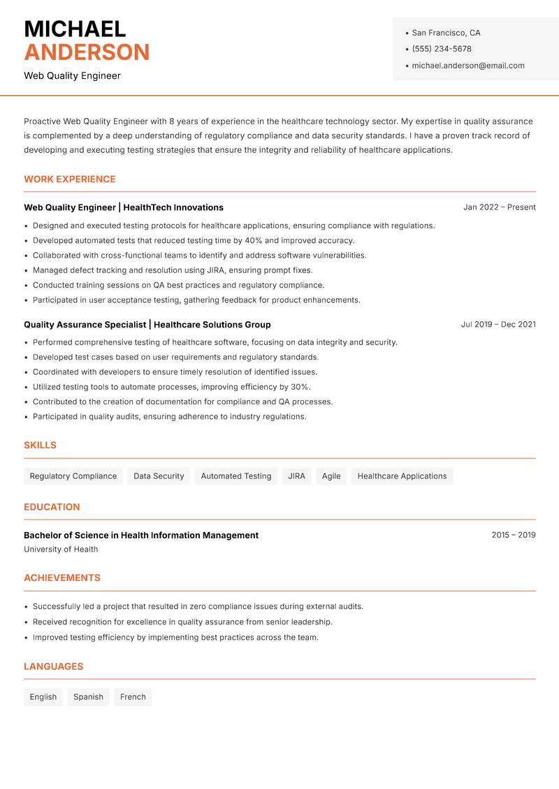 Web Quality Engineer resume template — Modern Professional