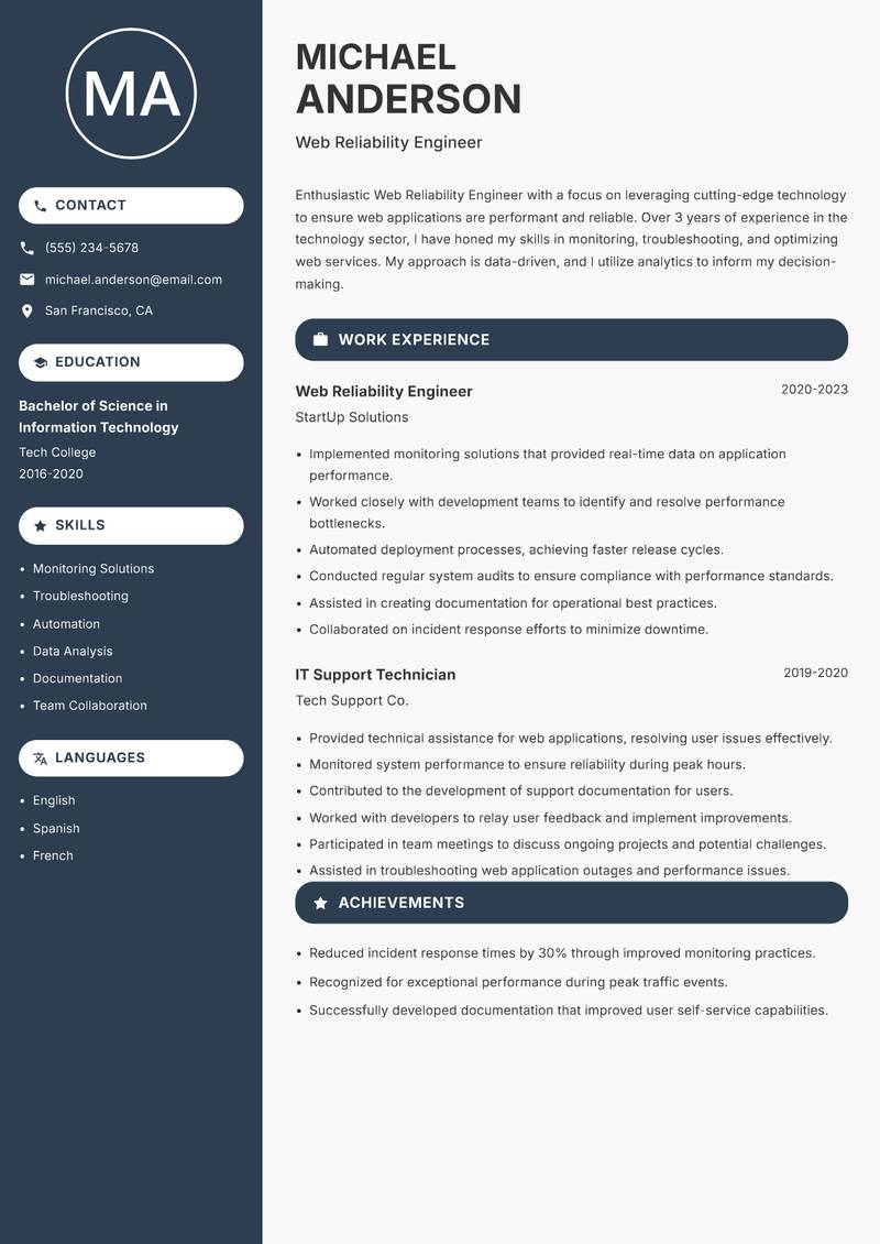 Web Reliability Engineer resume template — Compact