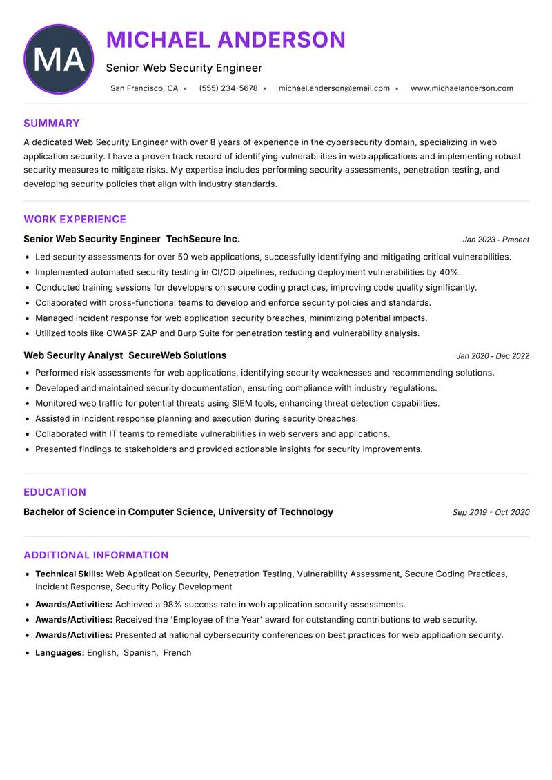 Web Security Engineer resume example — ATS-friendly template