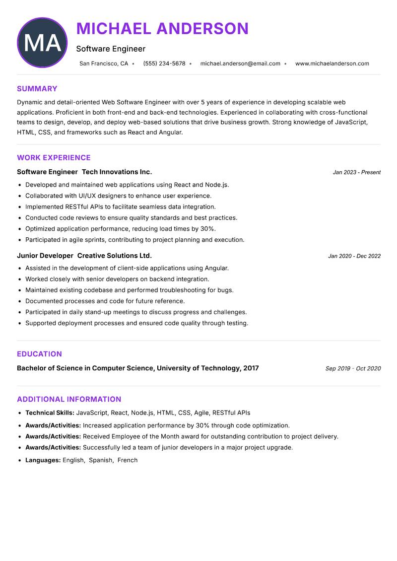 Web Software Engineer resume example — ATS-friendly template