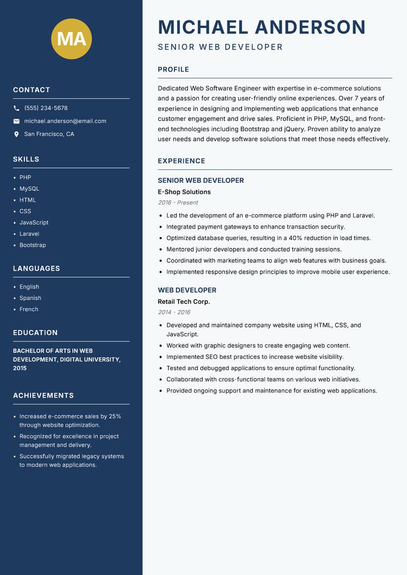 Web Software Engineer resume template — Classic Clean