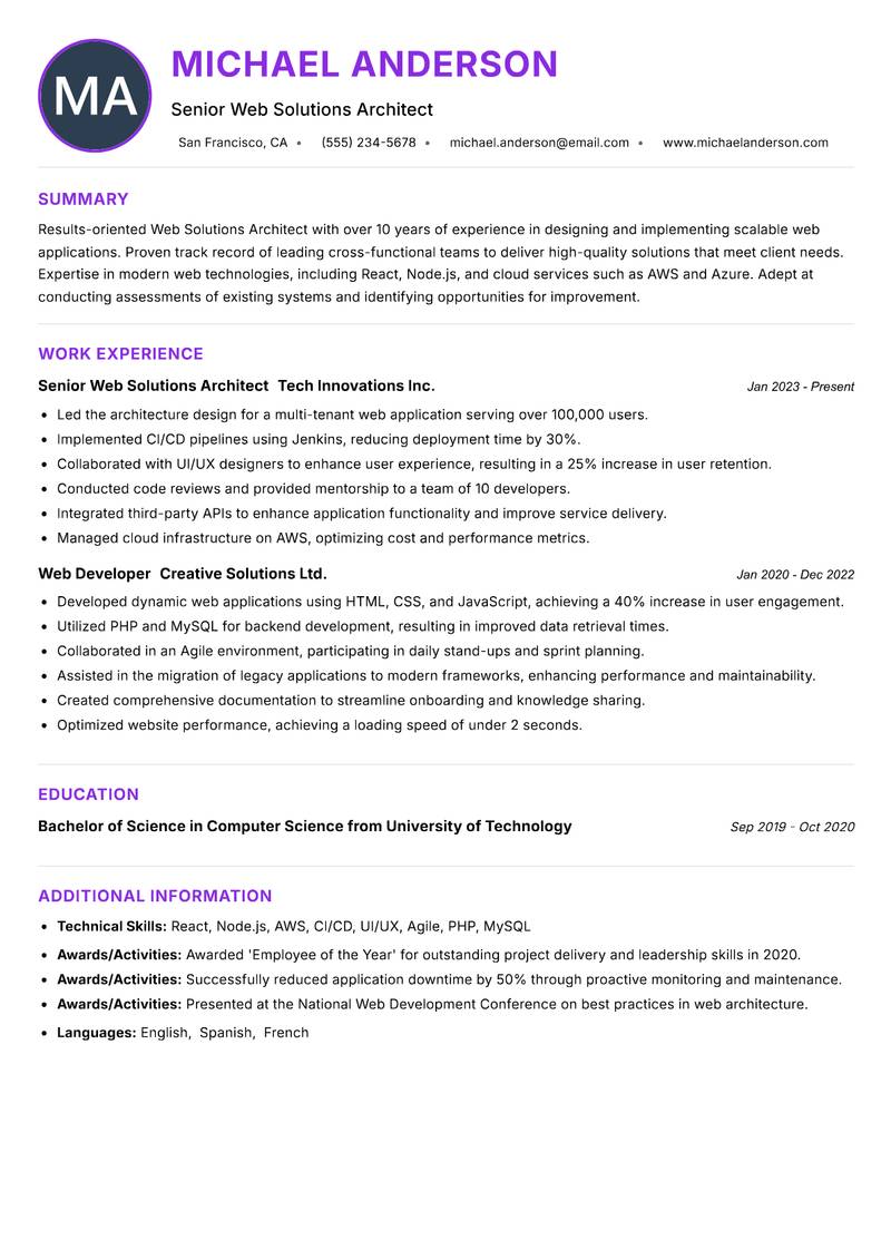 Web Solutions Architect resume example — ATS-friendly template