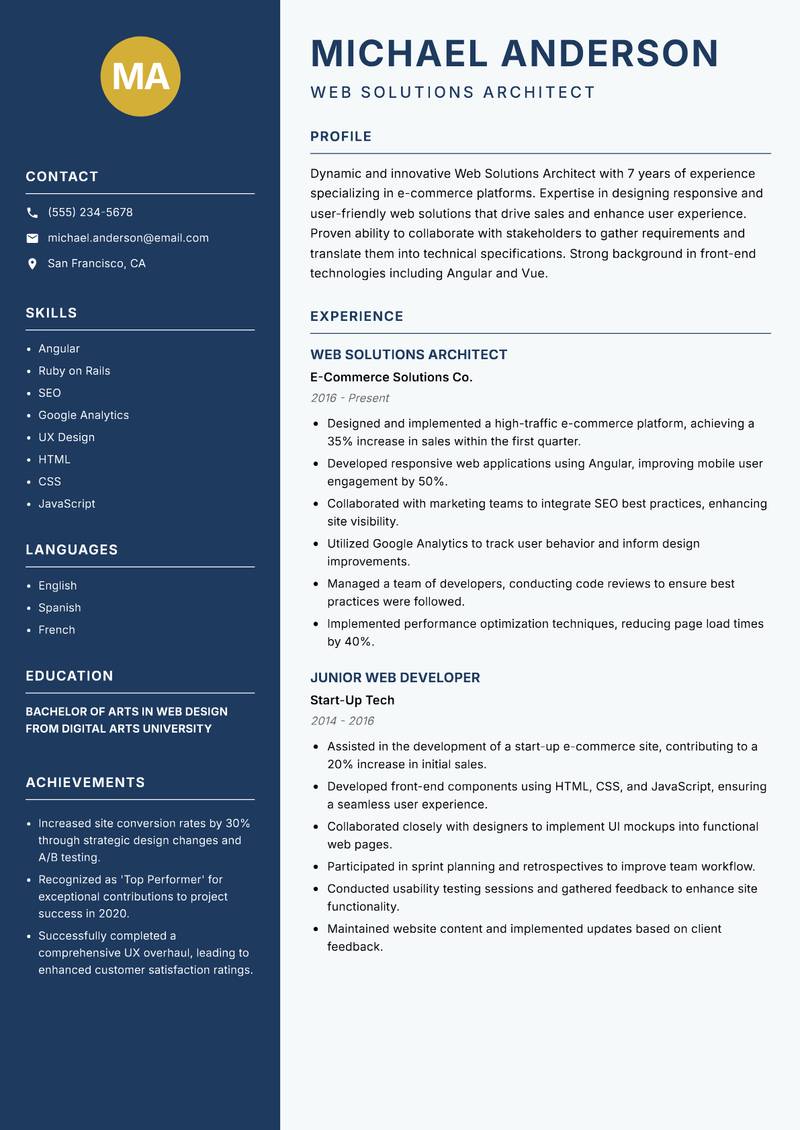 Web Solutions Architect resume template — Classic Clean