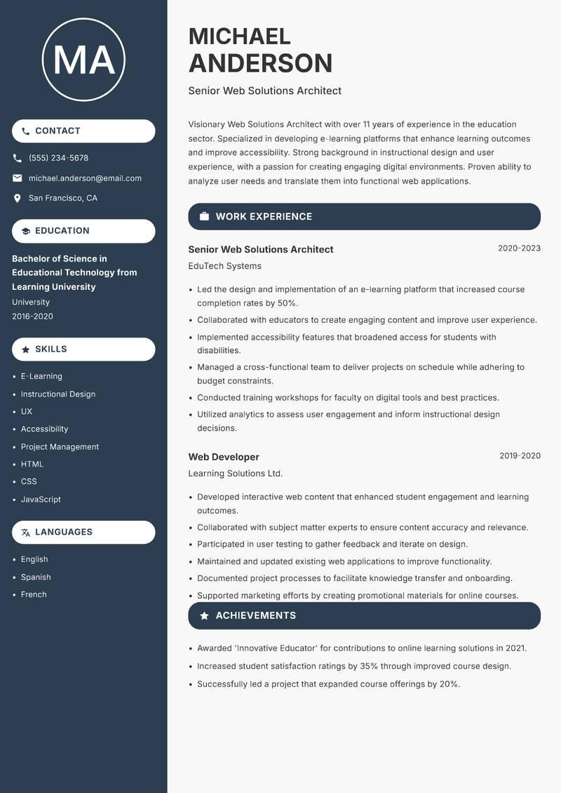Web Solutions Architect resume template — Compact