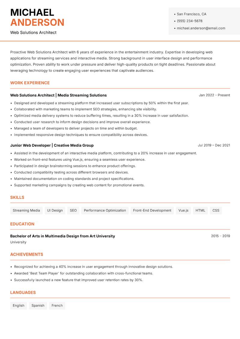 Web Solutions Architect resume template — Modern Professional