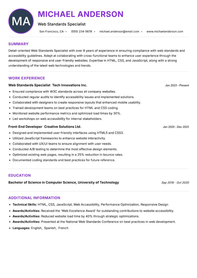 Web Standards Specialist resume example — ATS-friendly template
