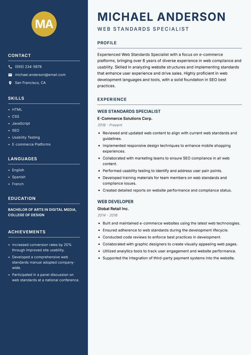 Web Standards Specialist resume template — Classic Clean
