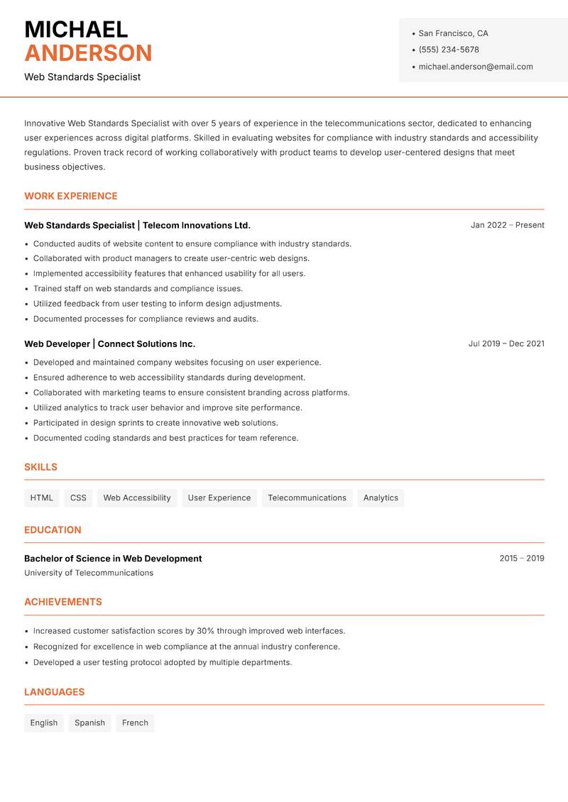 Web Standards Specialist resume template — Modern Professional
