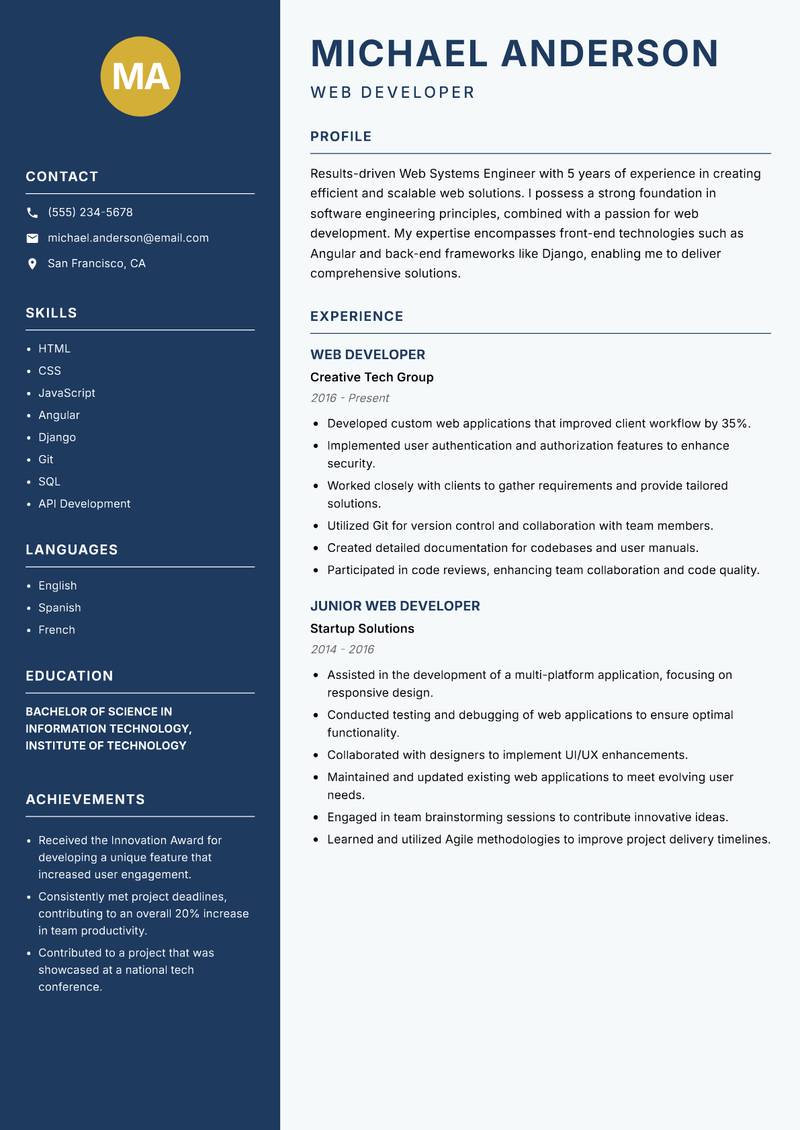 Web Systems Engineer resume template — Classic Clean