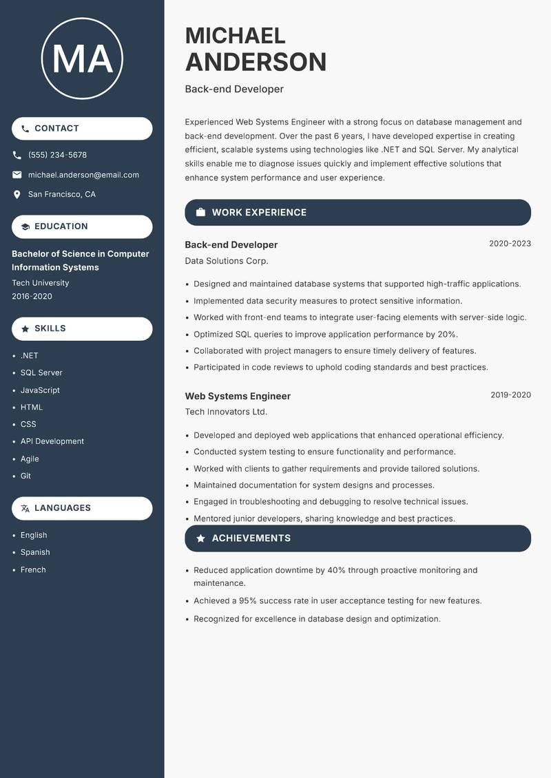 Web Systems Engineer resume template — Compact
