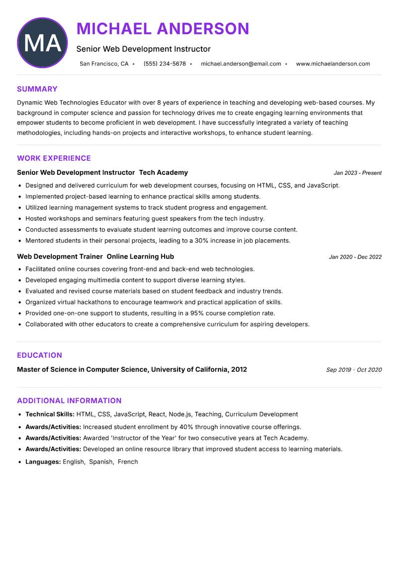 Web Technologies Educator resume example — ATS-friendly template