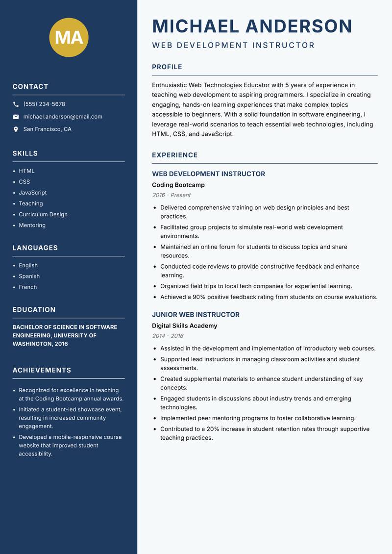Web Technologies Educator resume template — Classic Clean