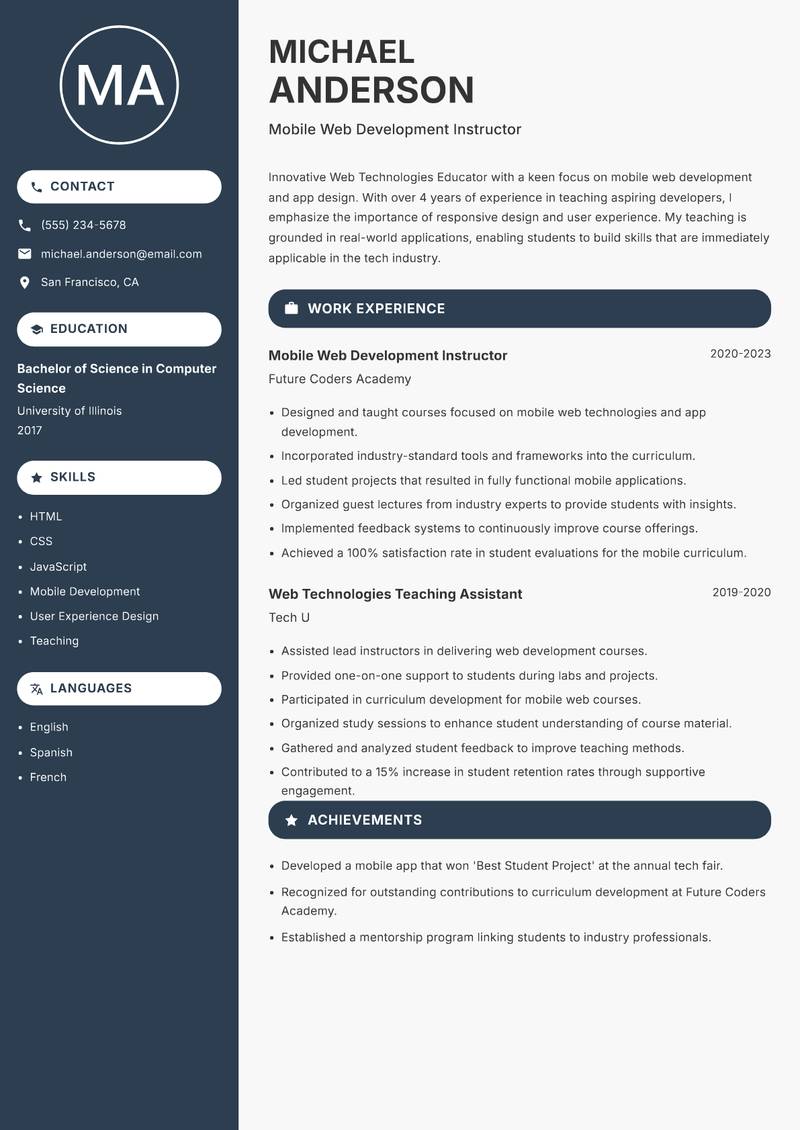 Web Technologies Educator resume template — Compact