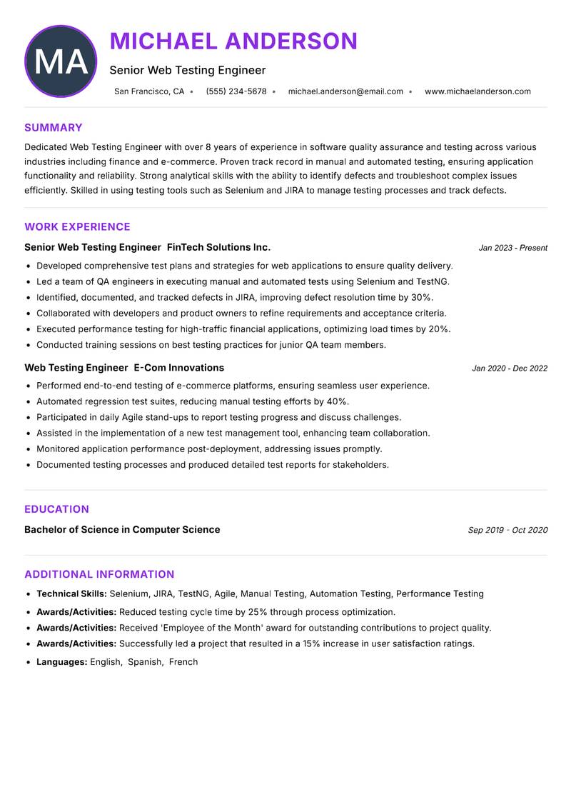 Web Testing Engineer resume example — ATS-friendly template