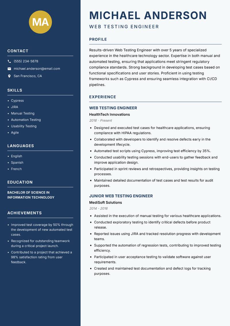Web Testing Engineer resume template — Classic Clean