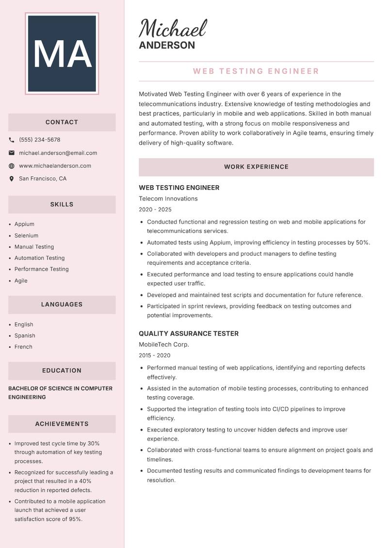 Web Testing Engineer resume template — Executive