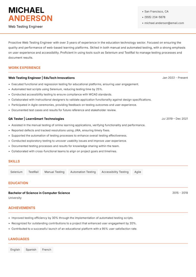 Web Testing Engineer resume template — Modern Professional