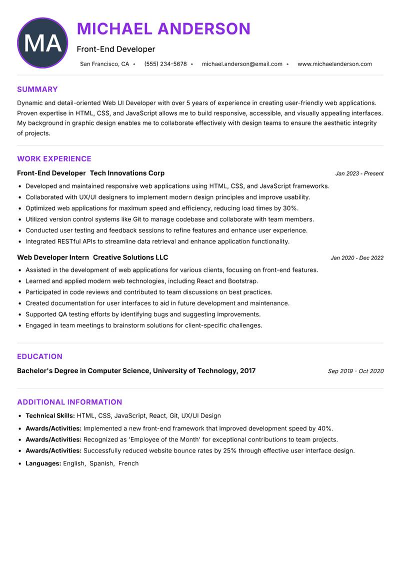 Web UI Developer resume example — ATS-friendly template
