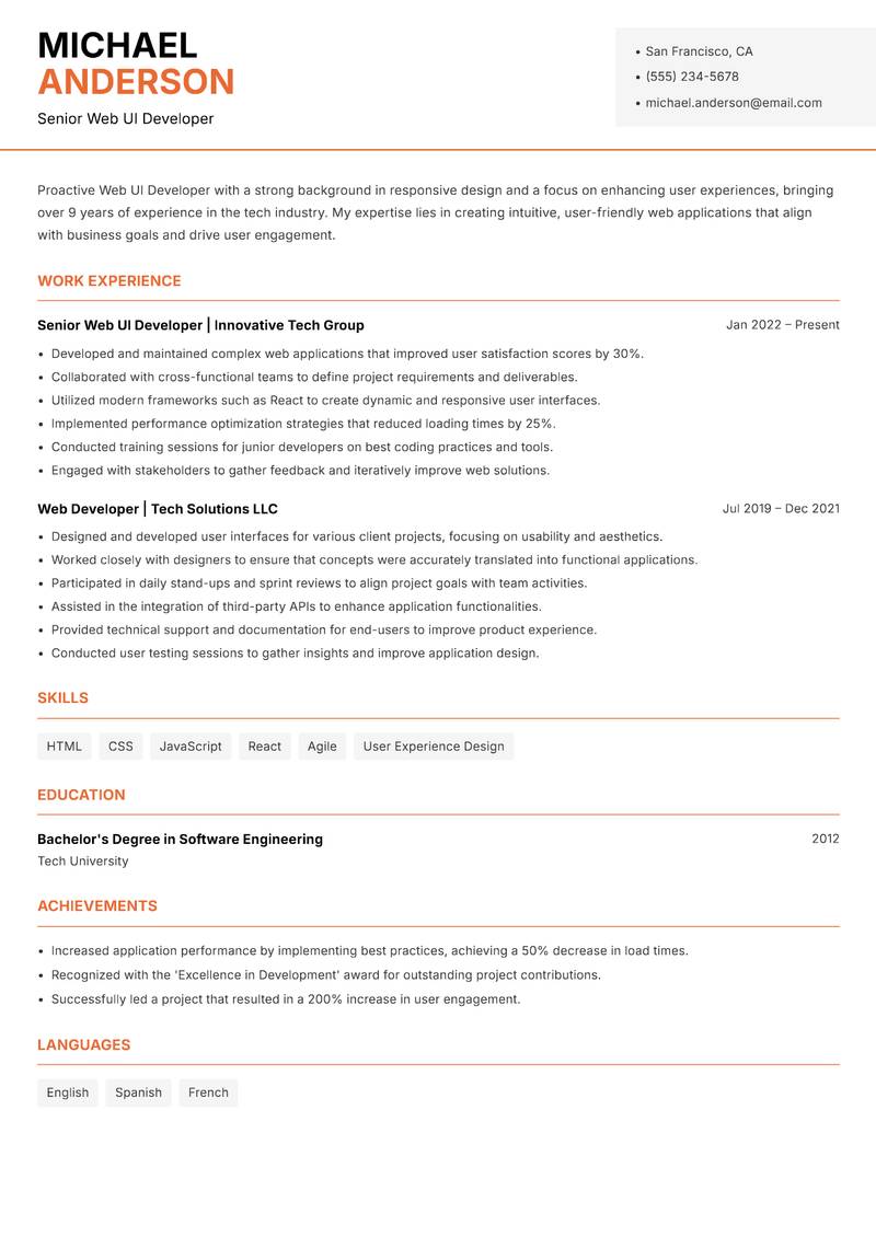 Web UI Developer resume template — Modern Professional