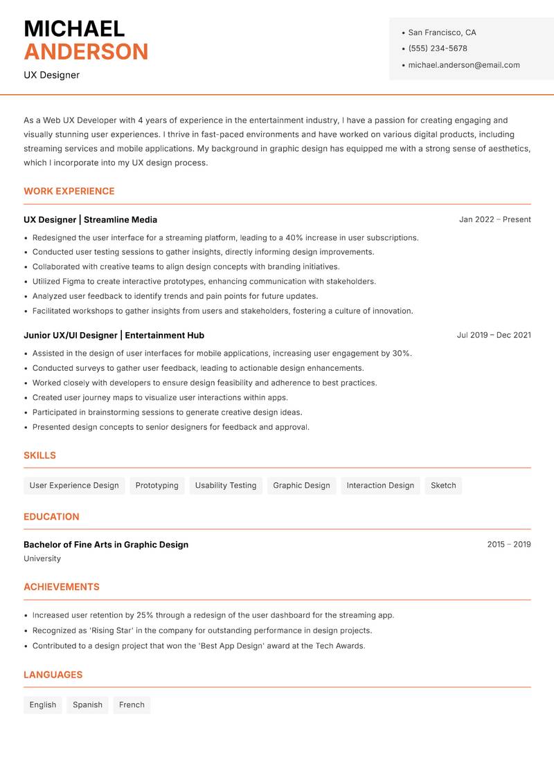 Web UX Developer resume template — Modern Professional