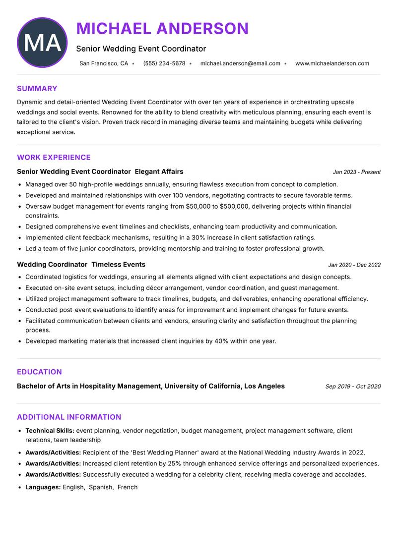 Wedding Event Coordinator resume example — ATS-friendly template