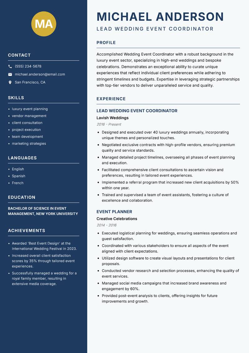 Wedding Event Coordinator resume template — Classic Clean