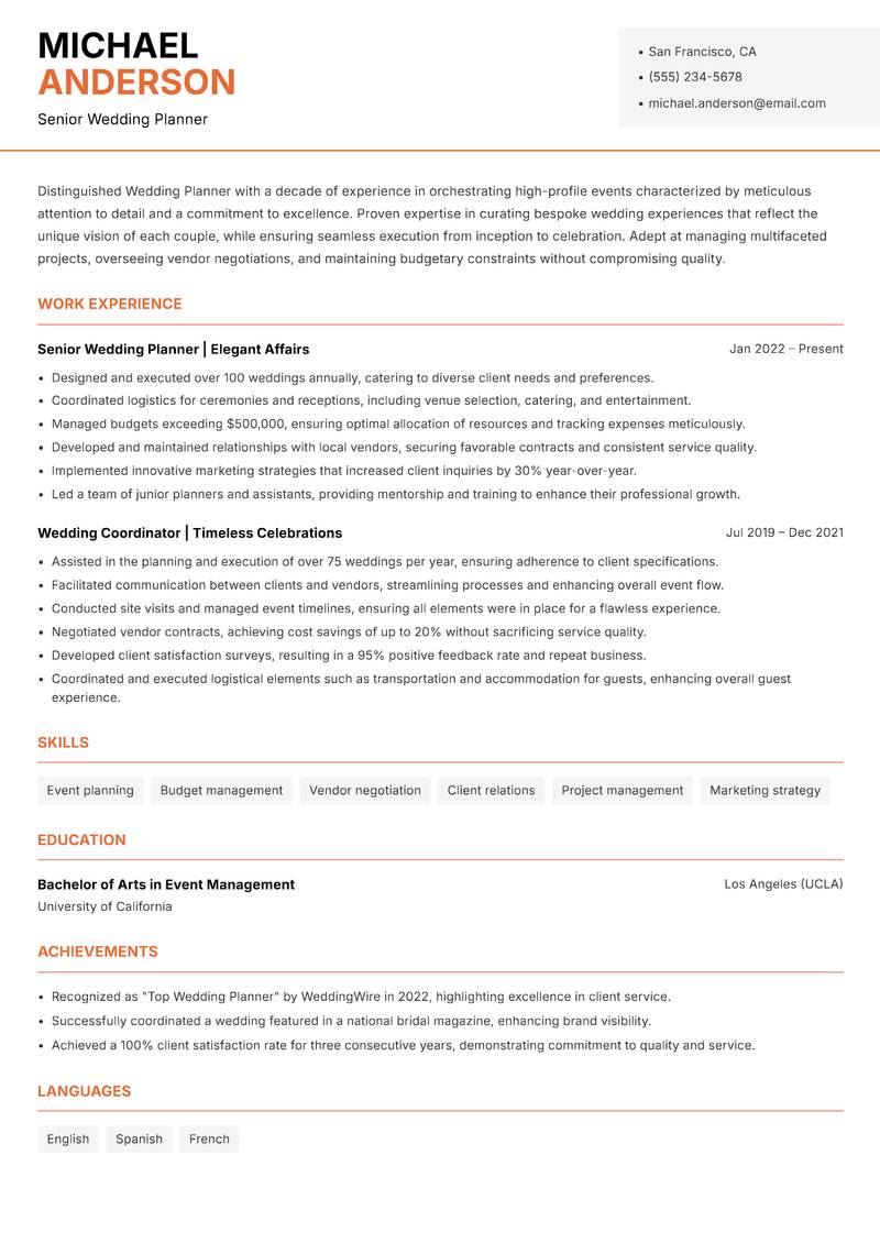 Wedding Planner resume template — Modern Professional